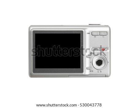 back silver digital compact camera with the blank black screen display for your image or photo isolated on white background included clipping path for a camera body and black screen display