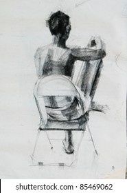 back of sitting human charcoal drawing
