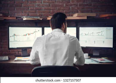 Back, Spine View Of Trader Man In Work. Indoor, Studio Shot. Work, Business , Trade Concept