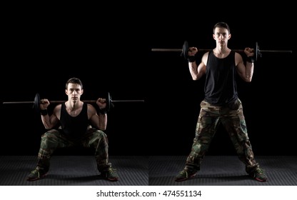 Back Squat Exercise. Studio Shot Over Black.