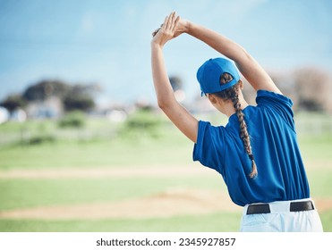 Back, stretching and a woman on a field for baseball, training for sports or fitness with mockup. Space, nature and an athlete or person with a warm up for exercise and ready to start a game - Powered by Shutterstock