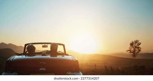 Back, sunset and a senior couple on a road trip in a convertible car for travel, freedom or adventure together. Love, mockup or view of nature with an elderly man and woman in a vehicle for a drive - Powered by Shutterstock