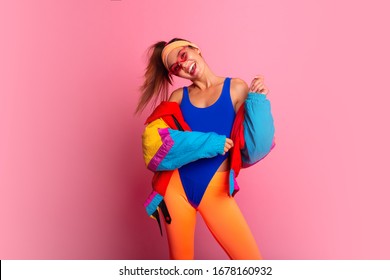 Back In Time 90s 80s. Stylish Girl In Retro Jacket And Vintage Aerobic Body Jump Suit Dancing, Fashion Trends, Entertainment, Heat In Summer. Happy And Positive. 