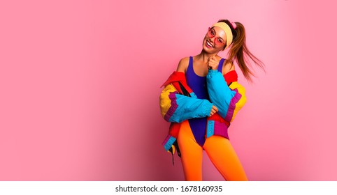 Back In Time 90s 80s. Stylish Girl In Retro Jacket And Vintage Aerobic Body Jump Suit Dancing, Fashion Trends, Entertainment, Heat In Summer. Happy And Positive. Horizontal, Copy Space.