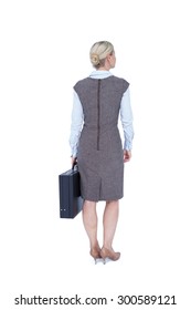 Back Turned Businesswoman Holding A Briefcase On A White Background