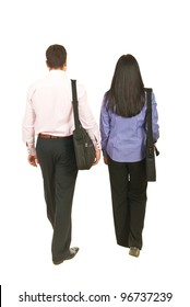 Back Of Two Business People Walking  And Holding Suitcases Isolated On White Background