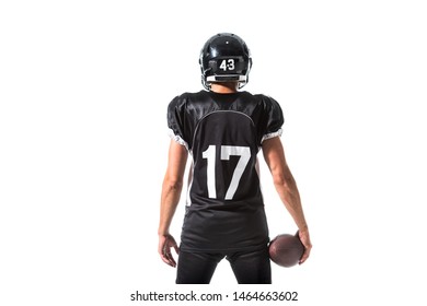 Back View Of American Football Player With Ball Isolated On White