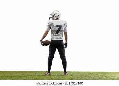 Back view. American football player isolated on white studio background with copyspace for ad. Concept of sport, movement, achievements. - Powered by Shutterstock