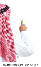 Back View Of An Arab Saudi Emirates Man Selecting In The Air Isolated On A White Background               