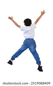 Back view Asian boy kid jumping with hands raised in air isolated on white background.