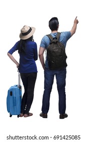 Back View Of Asian Couple Traveling Together With Baggage Isolated Over White Background