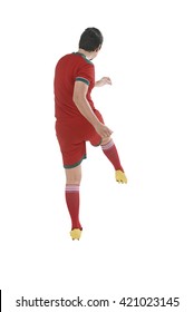 Back View Of Asian Football Player Kick Ball Isolated Over White Background