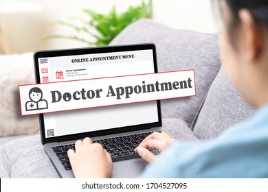 Back View Of Asian People Using Laptop Computer Booking Or Appointment Online To Doctor In Concept Of Test Covid Collection At Home With Quarantine Woman And Digital Health Care Treatment Reservation.