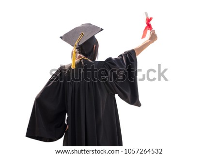 Back view of Asian woman with graduation cap and gown holding diploma isolated on white background, Successful concept