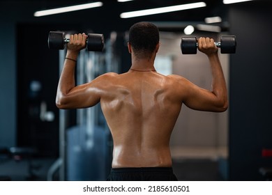 Back View Of Athletic Black Man With Naked Torso Exercising With Dumbbells In Gym, Unrecognizable African American Male Athlete Training With Light Weights At Modern Sport Club, Copy Space