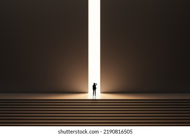 Back view of backlit businesswoman walking on stairs towards bright opening in dark wall. Success, way out, exit and solution concept