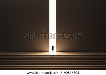 Back view of backlit businesswoman walking on stairs towards bright opening in dark wall. Success, way out, exit and solution concept