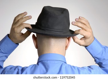 Back View From A Bald Man Wearing A Gentleman Hat Style.