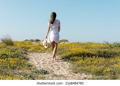 Back view of barefoot woman holding straw hat while walking on beach - Powered by Shutterstock