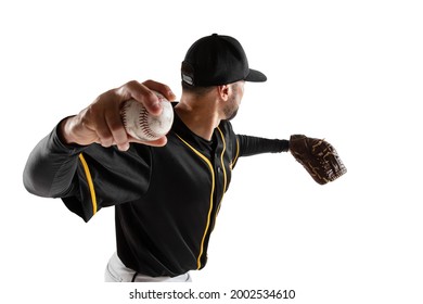 Back view. Baseball player, catcher in a black white sports uniform practicing isolated on a white background. Young professional sportsman in action. Competition, show, movement and team sport