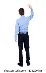 Back View Of Beautiful Business Man Welcomes. Businessman In Blue Shirt, Waving.