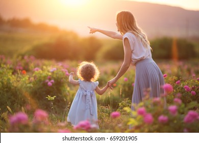 Back View Of Beautiful Couple Mother And Cute Daughter Are Walking In Blossom Roses Garden Over Yellow Sunset Lights