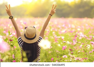 Back View Beautiful Girl Two Hand Up In A Cosmos Flower Field At Sunset. Concept Of Freedom.Vintage Color