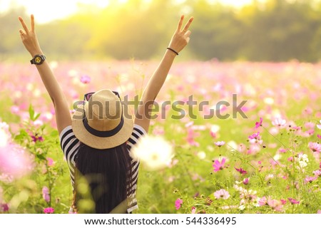 back view beautiful girl two hand up in a cosmos flower field at sunset. concept of freedom.Vintage color