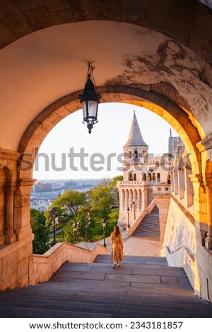 Back view of beautiful woman at Fisherman's Bastion in Budapest Hungary
