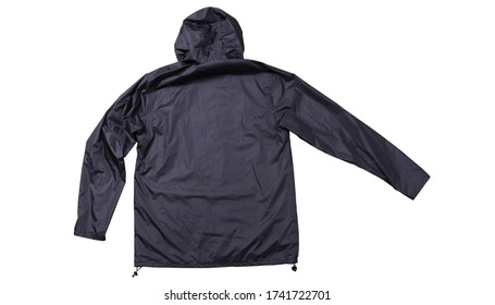 Back View Of Black Rain Jacket Isolated Top View, Cotton Clothes Over White Background, Blue Men's Jacket