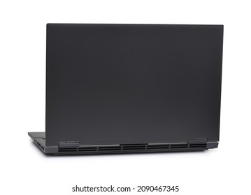 Back View Of Blank Open Gray Slim Laptop Isolated On White