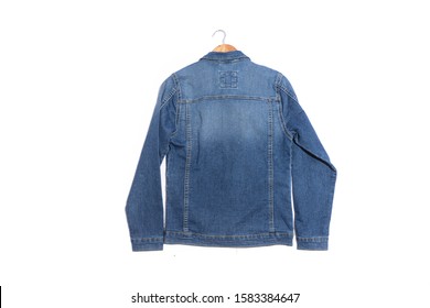 Back View Blue Denim Jean Jacket On Hanging