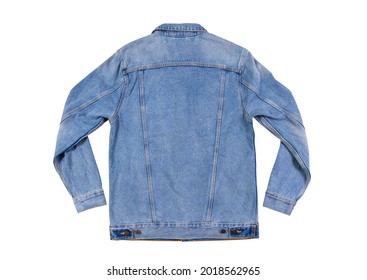 Back view - blue jeans jacket isolated on white background, denim jacket close up, 