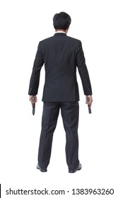 Back View Bodyguard In Black Suit With Handgun On White Background. 