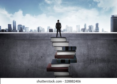 Back View Business Person Looking The City, Standing On The Top Of The Book. Education For Success Concept