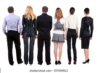 Back View Of  Business Team Looks At Wall.  Teamwork Business People Looking At Something. Rear View People Collection.  Backside View Of Person.  Isolated Over White Background.