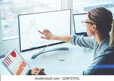 Back view of business woman sitting at desktop front PC computer with financial graphs and statistics on monitor. Analysis of digital market and investment in block chain crypto currency. Stock trade