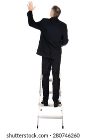 Back View Of Businessman Climbing Ladder.