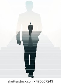 Back View Of Businessman Climbing Stairs And Walking Male Silhouette On Light Background. Success Concept. Double Exposure