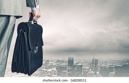 Back view of businessman with suitcase looking at city