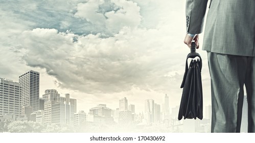 Back view of businessman with suitcase looking at city