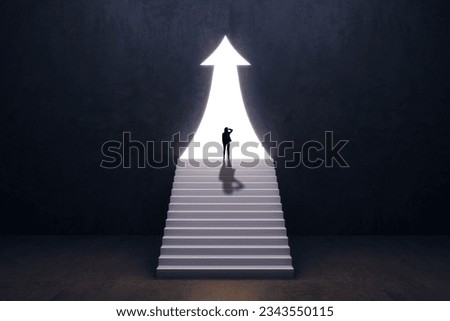 Back view of businesswoman silhouette in abstract concrete interior with upward arrow opening and stairs. Success, financial growth and future concept