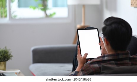 Back view casual man sitting on comfortable sofa and using digital tablet.