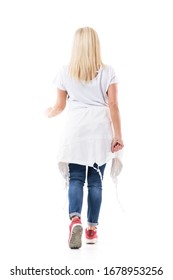 Back View Of Casual Style Middle Aged Blonde Straight Hair Woman Walking Away And Leaving. Full Body Isolated On White Background. 