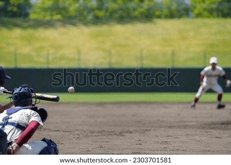 Back view of the catcher and umpire receiving the pitcher's throw during a baseball game and the batter trying to hit the ball.