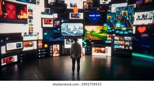 Back View Of Caucasian Man Looking at 3D Cyberspace With Animated Social Media Interfaces, Online Video Games, Viral Videos, Internet Content. Visualization Of Male Enthusiast Surfing Computer Network