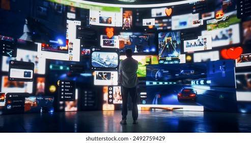 Back View Of Caucasian Man Looking at 3D Cyberspace With Animated Social Media Interfaces, Online Video Games, Viral Videos, and Internet Content. Visualization Of Blockchain Technology Concept.