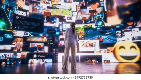 Back View Of Caucasian Woman Looking at 3D Cyberspace With Animated Social Media Interfaces, Online Video Games, Viral Videos, and Internet Content. Visualization Of Entertainment Technology Concept.