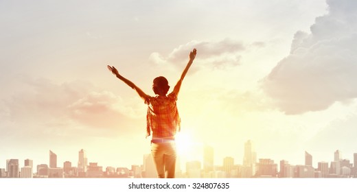 Back View Cheerful Woman Hands Facing Stock Photo (edit Now) 324807635