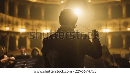 Back View Cinematic shot of Conductor Directing Symphony Orchestra with Performers Playing Violins, Cello and Trumpet on Classic Theatre with Curtain Stage During Music Concert Foto stock © 